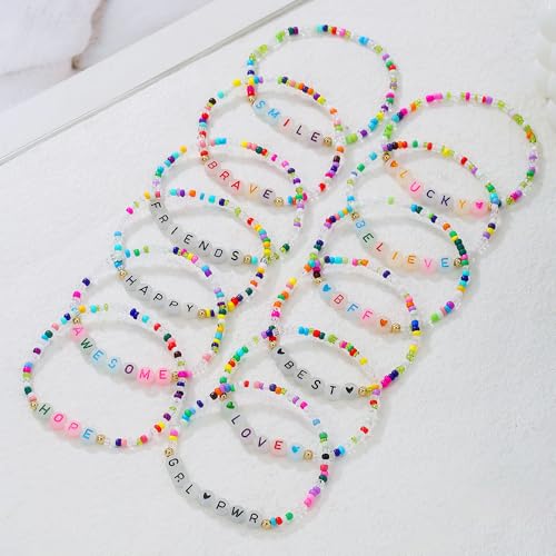 Friendship Bracelets Boho Stackable Bracelets for Women Surfer Heishi Clay Bead Bracelets Stretch Preppy Bracelets Colorful Boho Bracelets for Women - color: 12pcs LUCKY(night light)