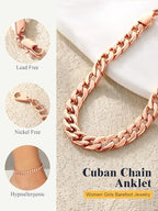 U7 Women Girls Barefoot Jewelry 18K Gold or Rose Gold Stainless Steel Heart/Rope/Figaro/Cuban Chain Anklet Foot Bracelet, 25-30 CM Long - color: Rose Gold Plated-7mm-Cuban Chain
