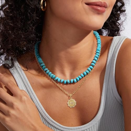KissYan Beaded Gemstone Necklace for Women, Natural Stone Beach bead Necklace, 18" Boho Summer Handmade Jewelry Gifts - color: Turquoise