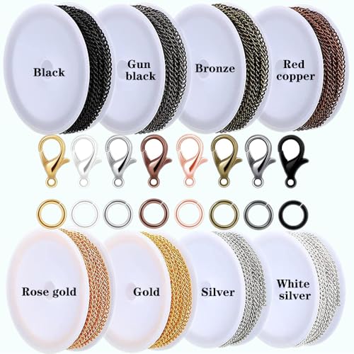 80ft Jewelry Making Kit - 8 Color Stainless Steel Curb Chain, 240 Jump Rings & 80 Lobster Clasps for DIY Bracelet, Earring & Necklace Crafts (2*3 mm) - color: 8 Colors Curb Chain 80FT