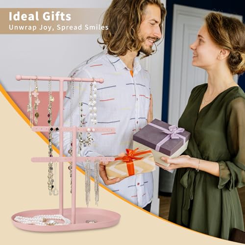 Saydear Elegant Jewelry holder Organizer 2-Tier Display Storage Stand for Earrings Necklaces with Ring Tray Spacious and Durable, Easy to Assemble Pink - color: Pink