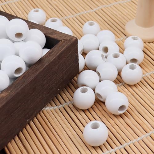 240Pcs White Wood Beads 16mm with Large Hole:6mm for Craft Wood Beads for Art Work (White) - color: White