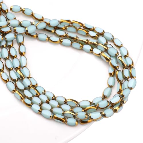 Glass Rice Beads Peacock Green 4x6mm 50pcs Faceted Oval Golden Edge Crystal Loose Beads for DIY Craft Jewelry Making - color: Peacock Green
