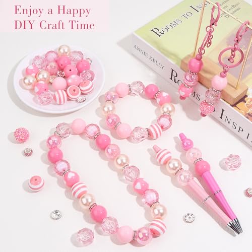 35 Pcs Chunky Bubblegum Beads 20mm Focal Pen Large Rhinestone Pearl Bead with Rhinestone Large Hole European Spacer Bead for DIY Beadable Pen School Jewelry Making Keychain Craft Making(Pink) - color: Pink