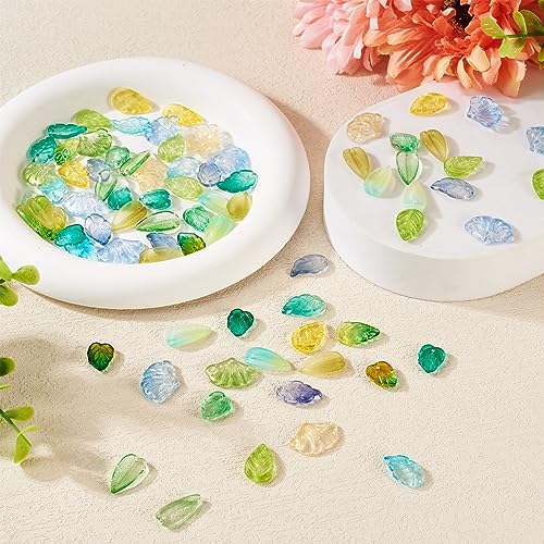 Beadthoven 150Pcs Leaf Beads 15 Styles Baking Paint Glass Pendants Transparent Green Leaf Beads Caps with Hole for Bracelet Earring Necklace Crafts Jewelry Making DIY Accessories - color: Leaf-15 Styles