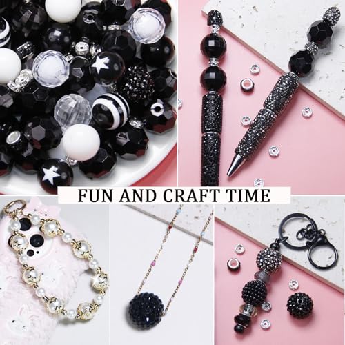 106 Pcs 20mm Beads for Pens Making with Rondelle Spacer Beads Black White Acrylic Focal Bubblegum Bead Crystal Round Sparkly Chunky Bead for Pens Beadable Keychain DIY Craft Jewelry Making Supplies - color: Black White