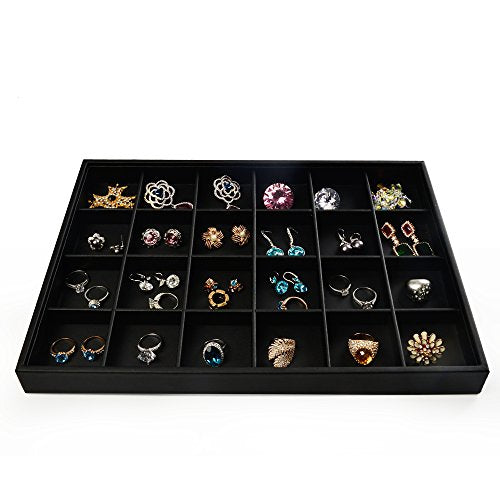 Oirlv Stackable Jewelry Organizer Tray Premium Leather 24 Grid Jewelry Drawer Organizer Dresser Tabletop Trinket Earring Ring Storage - style: P01703