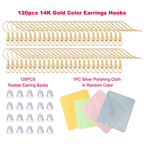 Earring Hooks for Jewelry Making - 120 pcs/60 Pairs Hypoallergenic 14K Gold Ear Wires Fish Hooks for Jewelry Making, Jewelry findings Parts with 120 pcs Rubber Earring Backs Stopper for DIY Earrings - color: Regular 14K Gold