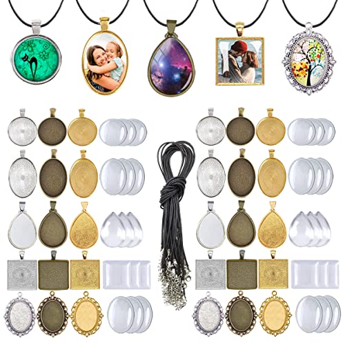 J6QIHANG Pendant Trays Kit for DIY Jewelry Craft Making, Including Round Pendant Bezel Blank Trays Glass Cabochons Waxed Necklace Cords for Photo Cameo Jewelry Making - color: QH-Trays 01