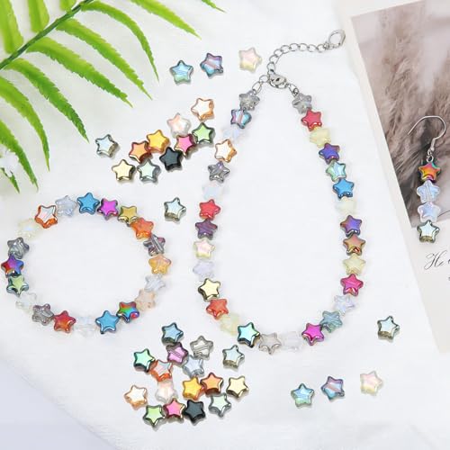 Glass Beads, KLFHS 100PCS 8MM Star Beads, Cute Star Bead Mixed Color Glass Bead Bulk for DIY Jewelry Making Bracelet Necklace Earring Phone Strap Keychain Crafting - color: Star