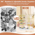 Jewelry Earring Holder Organizer, Adjustable 5 Tiers Rotating Earring Holder 3 Tier Necklace Holder with Wooden Base, Multi-Functional Jewelry Organizer Display Stand for Studs Bracelet Women(Gold) - color: Gold