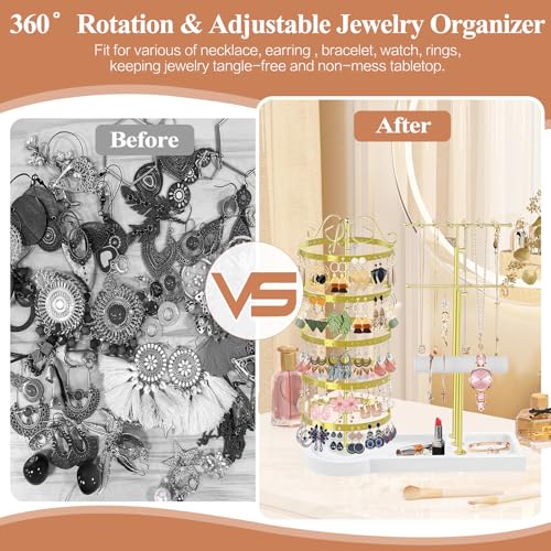 Jewelry Earring Holder Organizer, Adjustable 5 Tiers Rotating Earring Holder 3 Tier Necklace Holder with Wooden Base, Multi-Functional Jewelry Organizer Display Stand for Studs Bracelet Women(Gold) - color: Gold