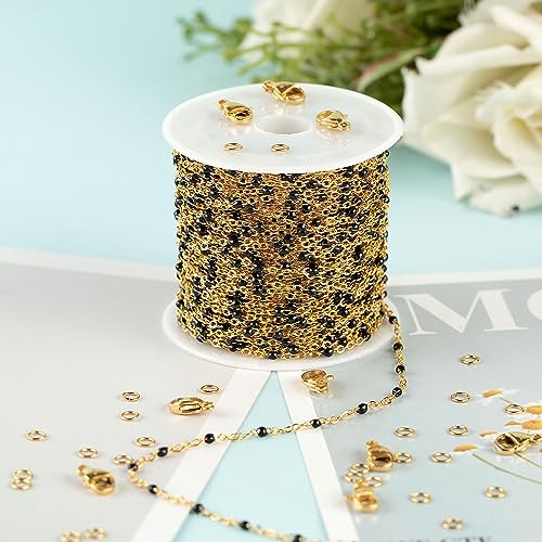 UMAOKANG 10 Meters Gold Plated Chains for Jewelry Making Black Enamel Bead Stainless Steel Link Chain on Spool - color: Gold-Black Enamel