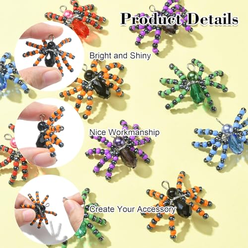 Ipotkitt 10 Pcs 5 Colors Halloween Glass Seed Spider Gothic Insect Crystal Mini Spider Charms with Platinum Brass Loops for Jewelry Making - color: 10pcs-Glass Spider Charms