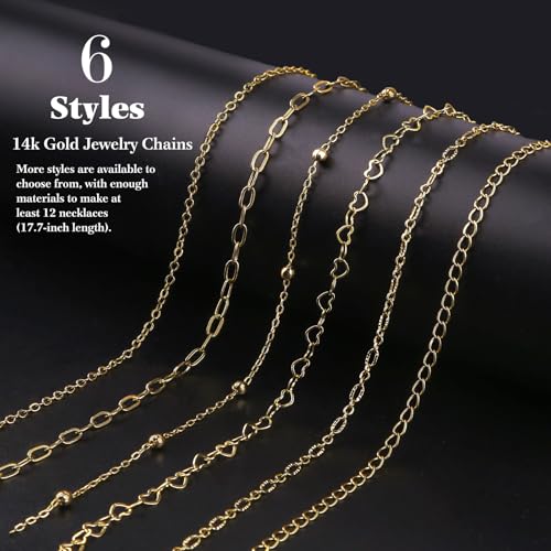 14k Gold Necklace Chains for Jewelry Making, Total 20 Feet 6 Rolls Bracelet Chains for DIY, 3.3 Feet Each Style, 14K Gold Plated Chain with Jump Rings/Lobster Clasps/Connectors - color: 14k Gold-20 Feet 6 Rolls