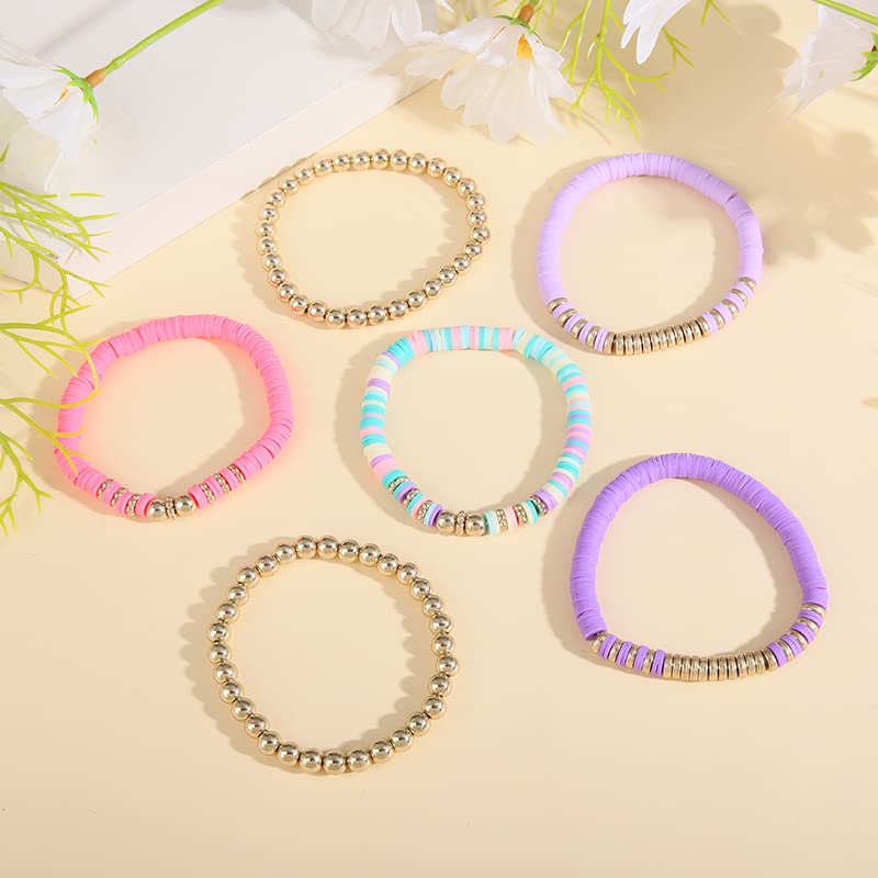 Pingyongchang Heishi Gold Beaded Bracelets Set for Women Men Bohemian Polymer Clay Colorful Surfer Vinyl Disc Stretch Layering Stackable Friendship Boho Bracelet Summer Beach Jewelry Gifts - color: Purple