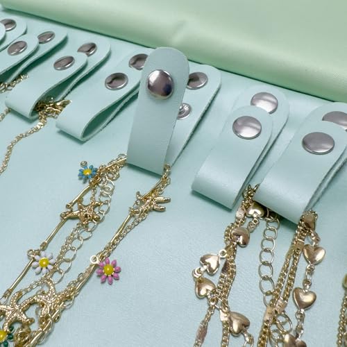 UnionPlus Travel Jewelry Roll, Faux Leather Necklaces Organizer Bag, Elastic Band and Anti-winding, Mint Green - color: Leather Mint Green, size: Medium