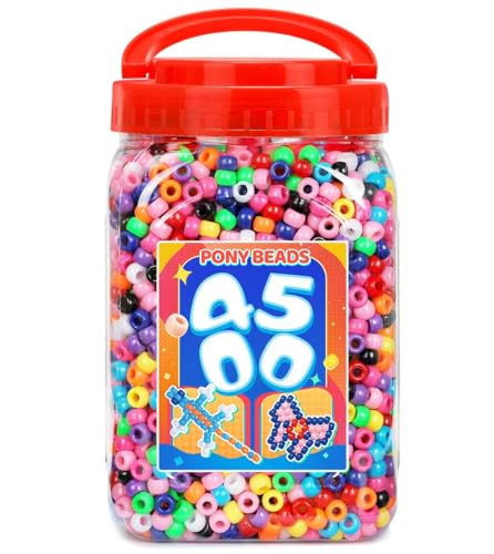 Bundooraking 4500pcs Pony Beads Bulk, 2.5lb Plastic Beads for Bracelets, Jewelry Making, Crafts, Hair Braiding, Keychains & DIY Projects with Handle Storage Bucket（6x9mm） - color: Classic, size: Large[4500]