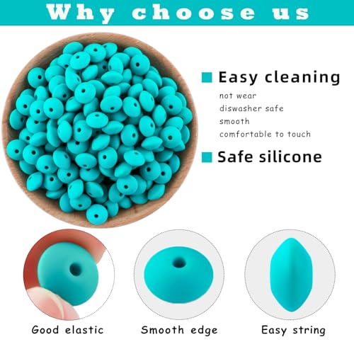 Sunrony 200Pcs Silicone Lentil Beads for Keychain Making, Bulk 12mm Silicone Abacus Spacer Beads for Necklace Bracelet Making Pens(Turquoise) - color: D-Turquoise
