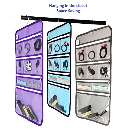 Travel Foldable Jewelry Rolls Bag Hanging Jewelry Organizer with 9 Zippered Clear Pockets Storage Pouch with Rotatable Hanger (PURPLE) - color: PURPLE