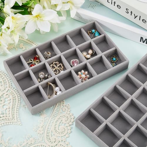 2Pcs 5 x 8.3 Inch 18 Grid Jewelry Tray Drawer Insert Velvet Earring Organizer Display Case Storage with Removable Divider Container Box for Rings Watch Necklace Trinket Holder Showcase Gray - style: Gray 18 Grids