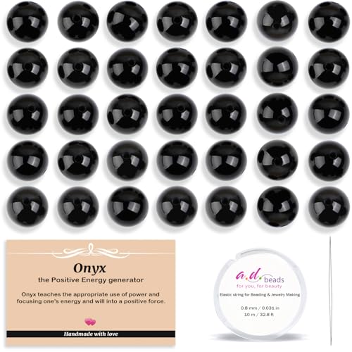 AD Beads 100pcs 10mm Natural Black Onyx Round Beads, Healing Energy Gemstone DIY Jewelry Kit with Elastic Cord and Needle - color: Black Onyx, size: 10mm-100pcs