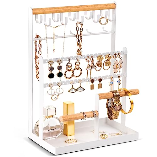 ProCase Jewelry Organizer Stand Necklace Organizer Earring Holder, 6 Tier Jewelry Stand Necklace Holder with 15 Hooks, Jewelry Tower Display Rack Storage Tree for Bracelets Earrings Rings -White - color: White