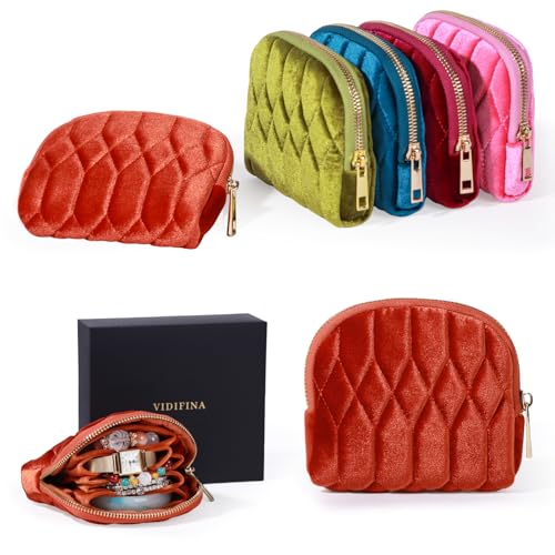 Small Travel Jewelry Case, Mini Travel Jewelry Bag with Zipper, 5-Layer Velvet Organizer Pouch for Bracelet Rings Earrings - Diamond Stitched Velvet Caramel - color: Caramel