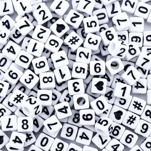800Pcs Square Number and Heart Beads, 6X6mm White and Black Acrylic Beads for Friendship Bracelets Making - color: Black Number White Beads