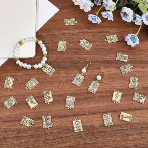 SUNNYCLUE 1 Box 40Pcs 20 Styles Tarot Card Charms Occult Charms Bulk Antique Gold Rectangle Metal Magic Divination Alloy Gothic Pendants for Jewelry Making Halloween Necklace Bracelet Earrings DIY - color: Antique Gold