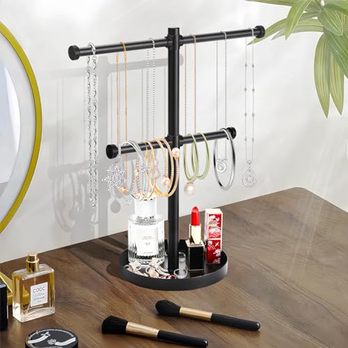 bodkar Necklace Holder Organizer Stand,2-Tier Sturdy Metal Jewelry Stand with Round Tray for Bracelet Bangles Holder Display,12.9" Tall for Long Necklace - color: Black