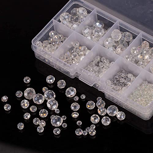 AIEX 900+ Pieces Crystal Beads Kit, Rondelle Faceted Glass Beads AB Crystal Beads Assorted Supplies for Jewelry Making Findings with Plastic Storage Box (2-10mm, Clear)