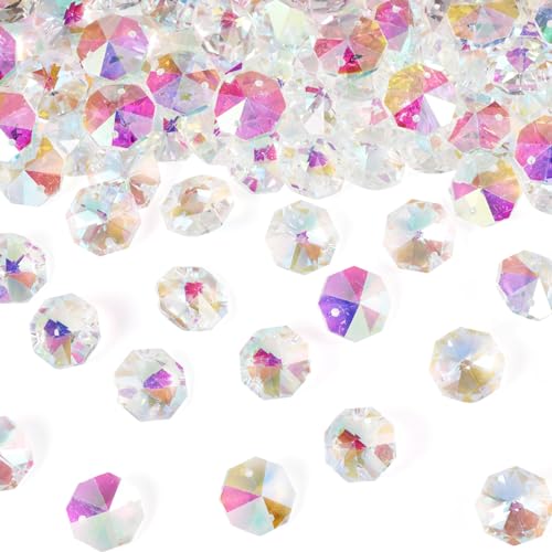 100Pcs Glass Beads Crystal Beads Pink Beads 2 Hole Faceted Octagon Shape Crystal Spacer Beads for Lamp Hanging Keychain Necklace Bracelet Jewelry Making - color: Pink