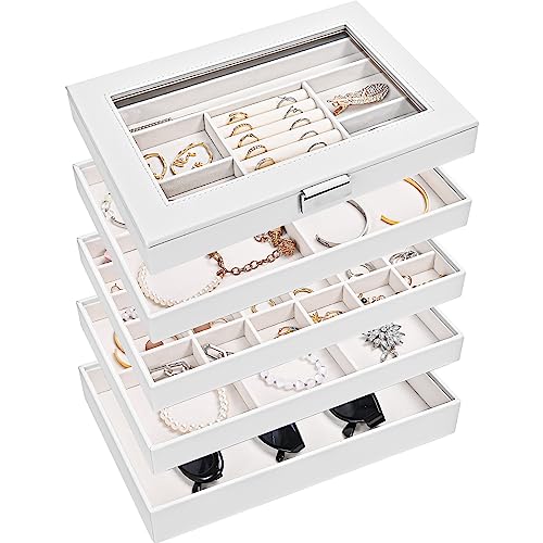 ProCase 5 Layers Stackable Jewelry Tray Box, Stackers Jewelry Trays for Dresser Drawer Storage, Jewelry Organizer Case with Lid -White