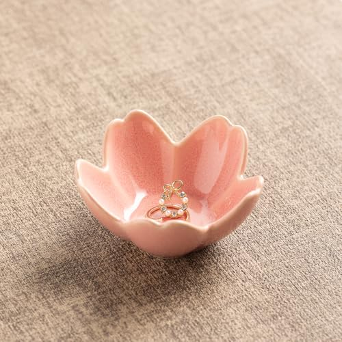 Flower Ceramic Jewelry Dish - Floral Ring Holder Tray and Trinket Bowl for Vanity Organizer, Aesthetic Porcelain Nightstand Decor, Unique Gifts for Women, Her (pink) - color: pink