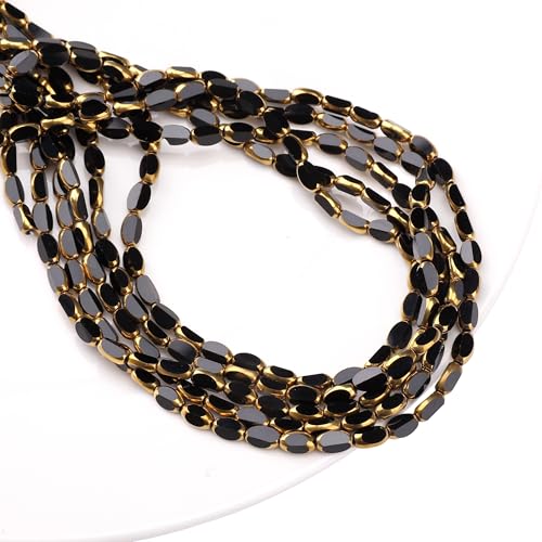 Glass Rice Beads Black 4x6mm 50pcs Faceted Oval Golden Edge Crystal Loose Beads for DIY Craft Jewelry Making - color: Black