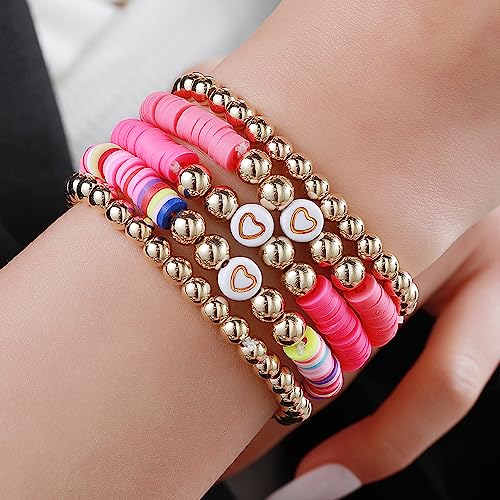 COLORFUL BLING 5-12Pcs Bohemian Love Heart Bead Bracelets for Women Vinyl Disc Heishi Surfer Stackable Stretch Bracelet Summer Beach Boho Jewelry - color: 5pcs pink