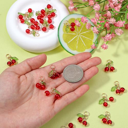 Tyqour 30 Pcs Red Cherry Charms Bulk 3D Mini Glass Fruit Charms for Jewelry Making Fruit Cherry Beads Pendants for Earrings Necklace Bracelet Anklet DIY Craft