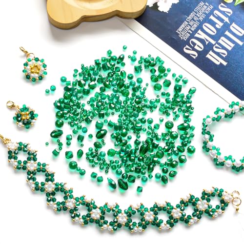 1500 Pcs Crystal Glass Beads for Jewelry Making – 12 Styles Bicone, Rondelle, Cube, Teardrop & 3mm Spacer Beads, DIY Bracelet Necklace Earring Craft Kit(Malachite Green) - color: Malachite Green