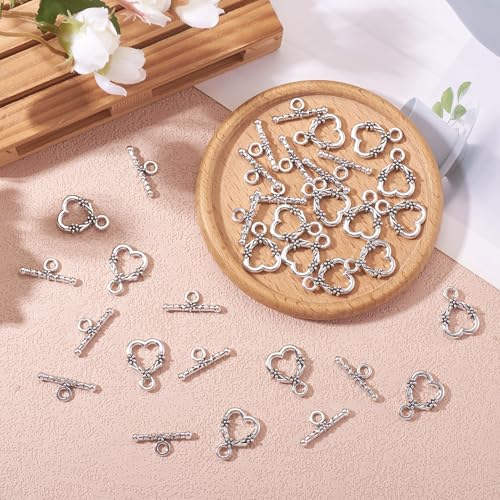 Craftdady 20 Sets Antique Silver Heart Toggle Clasps Tibetan T Bar Closure End Clasps for Bracelet Necklace Making - color: Antique Silver, 18.5x14mm