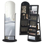 SONGMICS 360° Swivel Jewelry Cabinet, Full-Length Arched Mirror with LED Lights, Magnifying Mirror, Storage Shelves, Drawer, Ink Black UJJC030BC01 - color: Ink Black