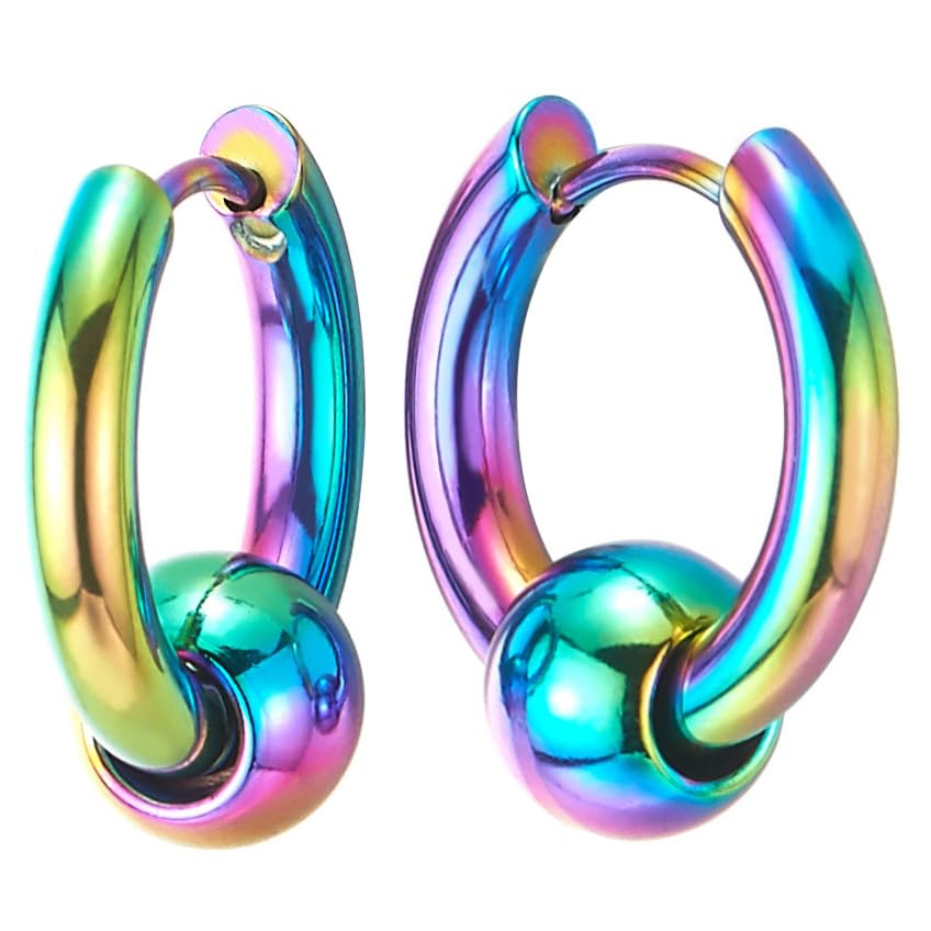 Stainless Steel Circle Beads Huggie Hinged Hoop Earrings for Men Women, 2pc - color: Colorful, size: Diameter:12MM