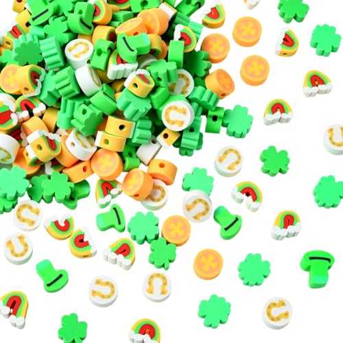 SUNNYCLUE 1 Box 300pcs St Patricks Day Clay Beads Clover Shaped Beads Green Irish Three Leaf Clover Horseshoes Shape Polymer Clay Heishi Disc Bead for Jewelry Making Supplies Holiday Festival Gifts - style: Style 1