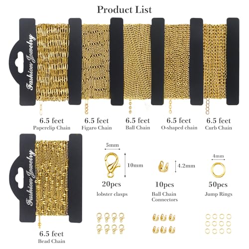 18k Gold Necklace Chains for Jewelry Making, 39.3 Feet 6 Rolls Bracelet Chains for DIY,6.5Feet Each Style, Gold Chain with Jump Rings/Lobster Clasps/Connectors - color: 18k Gold-39.3 Feet 6 Rolls