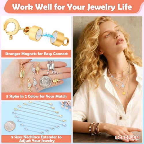 ROADPLUM 30 Pcs Magnetic Necklace Clasp & Extender Chain Set, 5 Styles Strong Magnetic Jewelry Clasp with 5 Sizes Extender for Necklaces Bracelet Connector, Easy to Use for Women, Gold & Silver - size: 30 Pcs