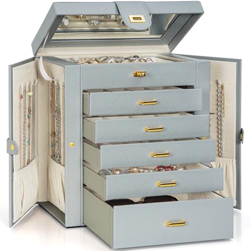 AKOZLIN Extra Large 6-Tier Jewelry Box Organizer Functional Huge, 5 Drawers Leather Jewelry Storage Case for Women Girls Ring Necklace Earring Bracelet Holder Organizer with Mirror Grey - color: Grey, size: Extra Large