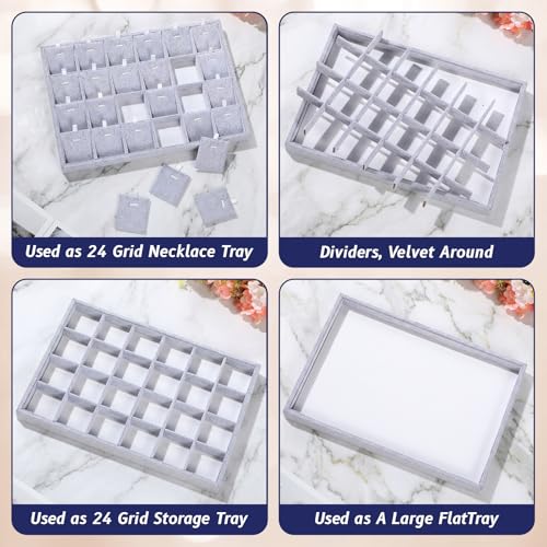 2 Pcs 24 Grid Stackable Jewelry Organizer Tray with Removable Dividers Ice Velvet Jewelry Display Showcase Tray for Necklace Earring Ring Bracelet Holder(Grey Velvet) - color: Grey Velvet
