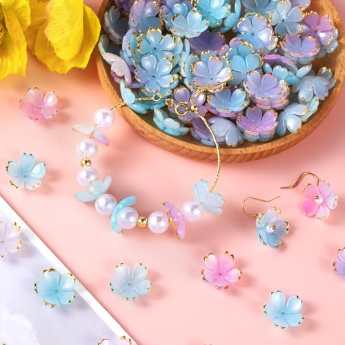 100pcs Cherry Blossom Beads, 5-Petal Gradient Acrylic Flower Beads, Mini Spacer Hair Accessories Halloween Christmas for Bracelets Earring Jewelry Making- Blue & Purple2 - color: Blue & Purple2
