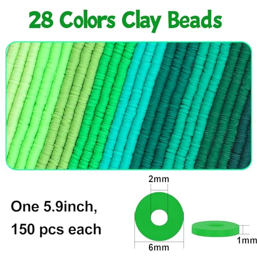 JMUQ 28 Strands Green Clay Beads Bracelet Making Kit, Friendship Preppy Flat Polymer Clay Heishi Beads for Bracelets Jewelry Making Kit, DIY Arts and Crafts Gifts - color: Green Series