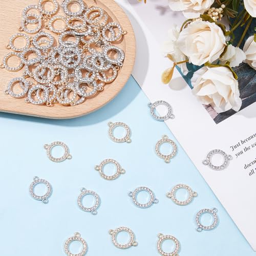 60pcs 14k Gold Connectors Charm Alloy Connector Charm 0.9 Inch Flat Round Link Charm Crystal Rhinestone Connector with Double Loops for Bracelet Earring Jewellery Making